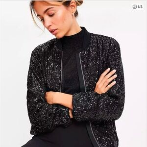 LOFT Black Sequin Bomber Jacket